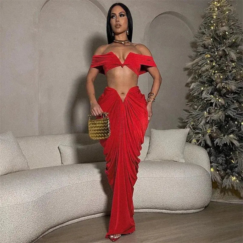 “Midnight Allure” Two-Piece Ruched Maxi Set – Off-Shoulder Crop Top & Long Skirt Party Outfit Majesty Me